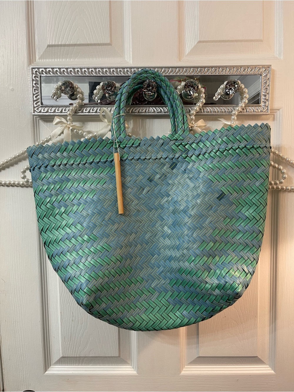 Recycled Plastic Woven Green-Blue Tote Bag - Lightweight Beach & Market Tote